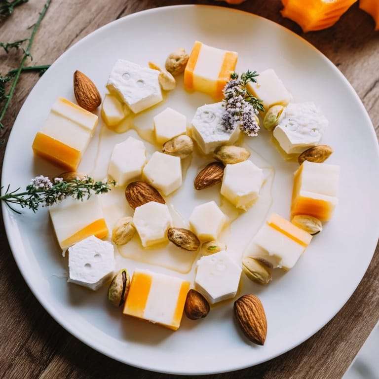 Elegant cheese presentation: a honeycomb hexagon maze with honey, almonds, and pistachios for serving.