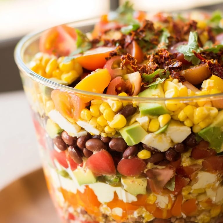 See the beautiful Southwest Sunset Palette salad, with layers of color and texture including spicy cheese.