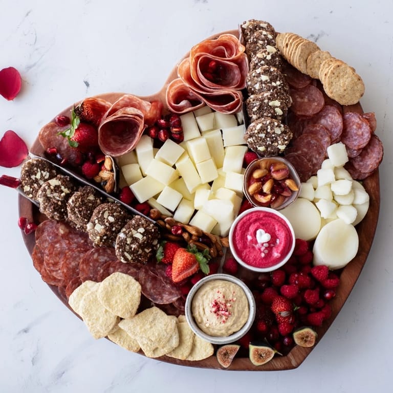 Beautifully arranged Heart of Romance Board with vibrant red berries, creamy cheeses, and salty prosciutto or salami.