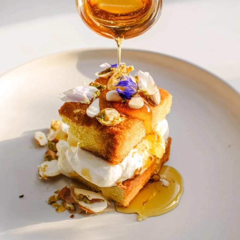Warm, flowing honey glistening over a stacked The Honey-Drip dessert, garnished with almonds and flowers.