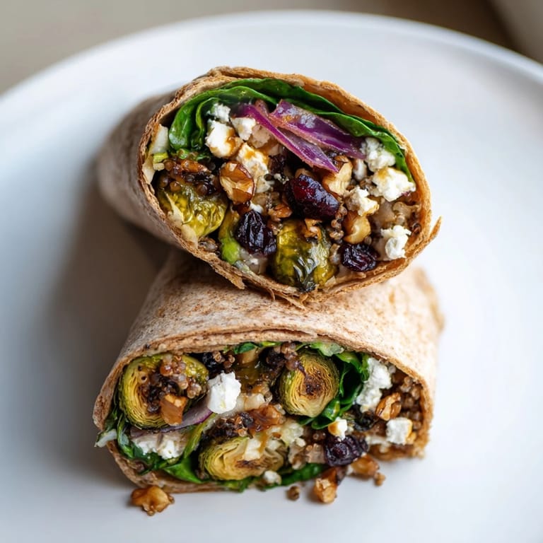 A warm, inviting photo of a delicious Roasted Brussels Sprouts & Cranberry Grain Wrap, perfect for a vegetarian meal.
