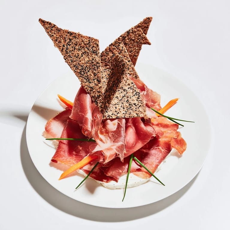Beautifully arranged The Paper Crane, an appetizer with detailed folds of meat and crackers for guests.