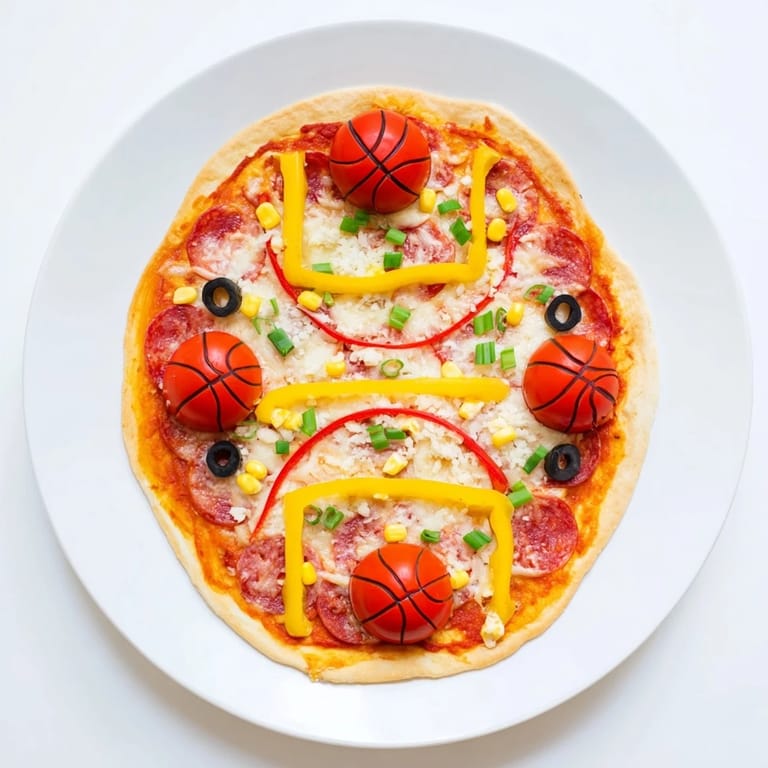 A close-up of a bubbling basketball court pizza, ready for slicing and enjoying with family.