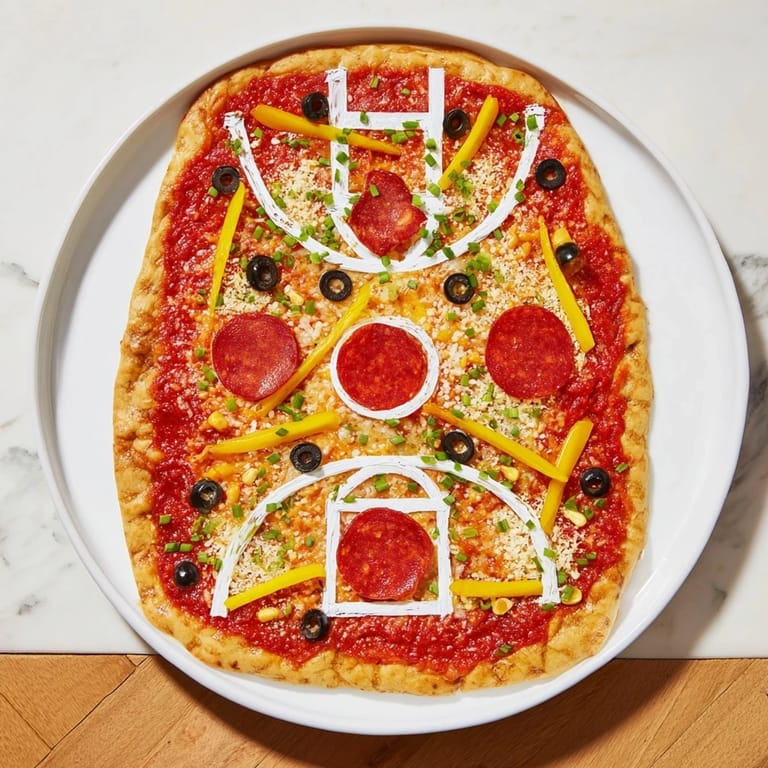 Delicious American-Italian basketball court pizza, showcasing vibrant bell peppers for a fun meal.