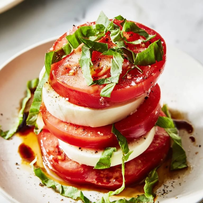 Fresh Tuscan Pillar recipe: a stack of colorful tomato, cheese, and basil, ready to serve and enjoy.