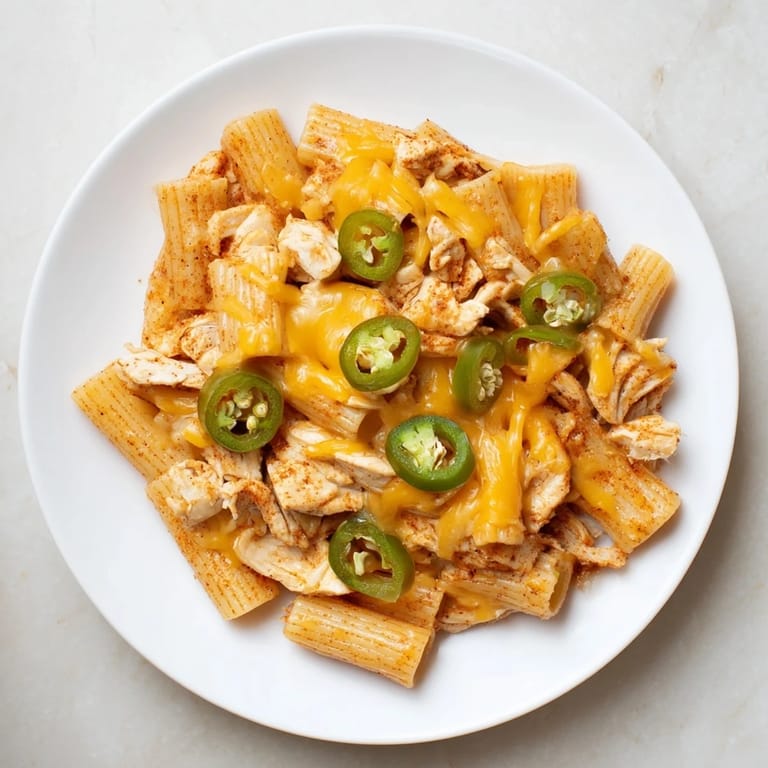 A close-up of vibrant Pasta Chip Nachos, showcasing taco chicken and fresh jalapeños, ready to eat.
