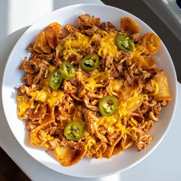 Delicious and shareable Pasta Chip Nachos with savory taco chicken and melted cheese, perfect for a quick snack.
