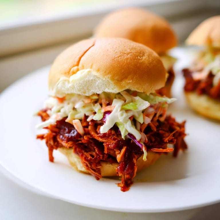 A close-up of delicious BBQ jackfruit sliders: juicy jackfruit and fresh coleslaw piled high.
