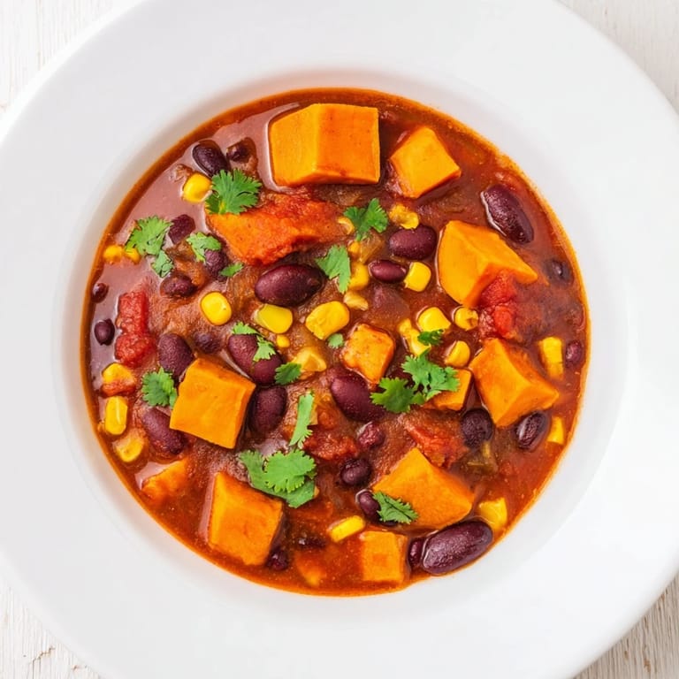 Thick, comforting Smoky Sweet Potato Chili cooks in a pot with beans and warming spices tonight.
