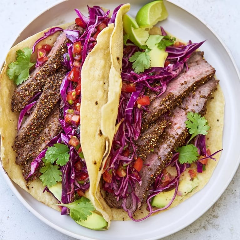 Juicy, flavorful coffee-rubbed steak tacos sizzling on a grill, promising a delicious, easy Mexican-American meal.