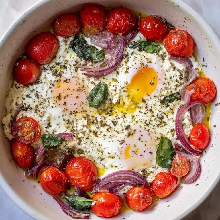 Savory Baked Feta Eggs with creamy feta cheese, bursting cherry tomatoes, and a drizzle of olive oil.