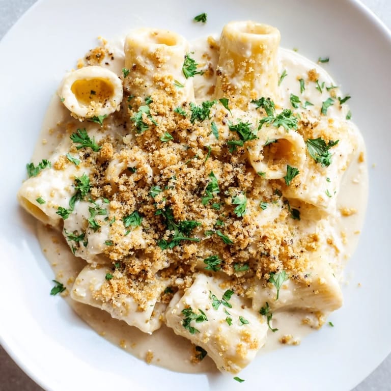 Warm, comforting high-protein mac & cheese, topped with breadcrumbs, promises a delicious dinner.