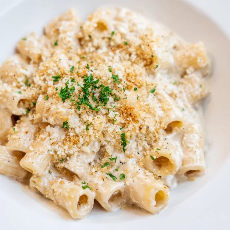 A close-up of a bowl of high-protein mac & cheese, showcasing the cheesy cottage cheese blend.