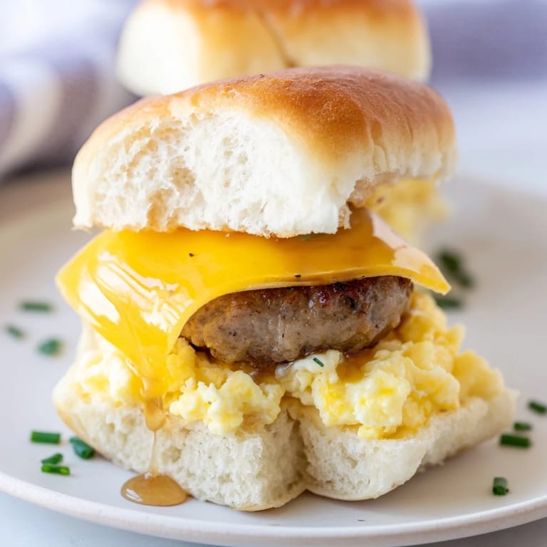 Golden-brown Mini Breakfast Sliders, drizzled with maple syrup, make a perfect portable breakfast or brunch treat.