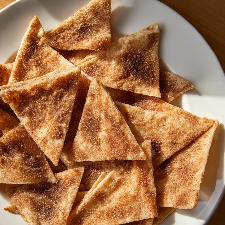 Warm, toasted Cinnamon Sugar Tortilla Chips, a simple dessert snack with delightful crunch.