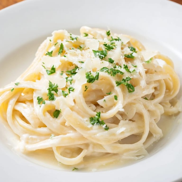 Quick, flavorful Pasta Alfredo Cottage Hack: smooth, cheesy sauce served in a warm skillet for dinner.