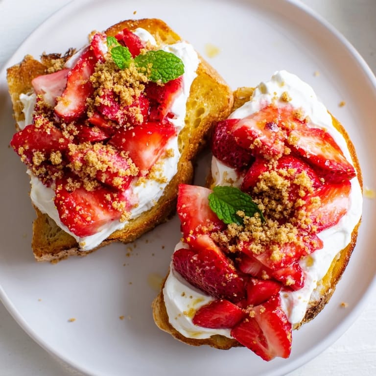 Golden-brown Strawberry Cheesecake Toast with a vibrant, juicy strawberry topping, a delightful dessert-style breakfast.