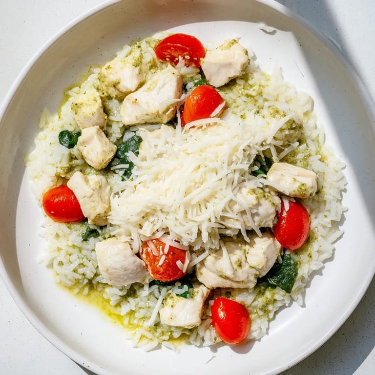 Cheesy Chicken Pesto Rice Bake with golden-brown crust, a creamy, flavorful Italian-inspired casserole for busy weeknights.