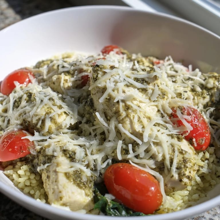 This vibrant Chicken Pesto Rice Bake features tender chicken, pesto-infused rice, ready to serve as a complete meal.