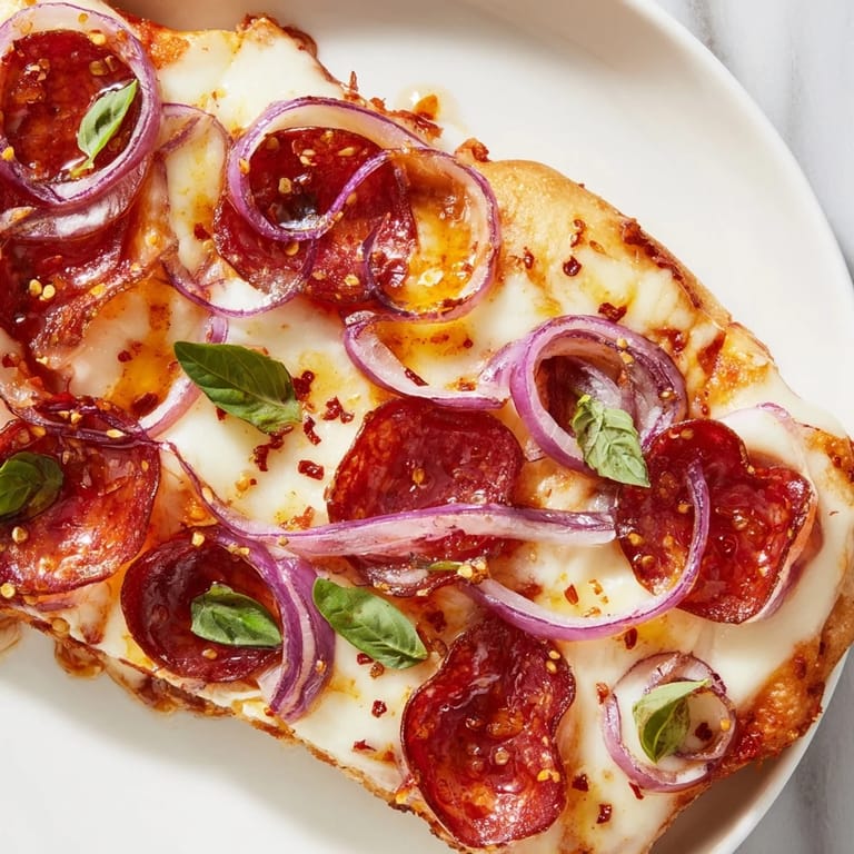 Homemade or store-bought flatbread topped with mozzarella, pepperoni, and hot honey, ready to eat.