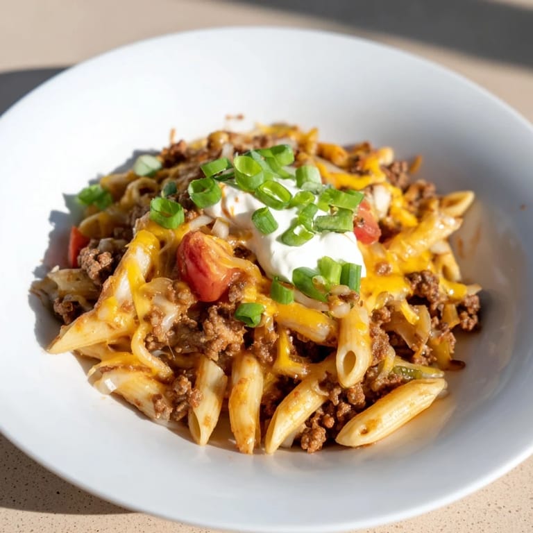 Fragrant One-Pot Taco Pasta simmers, showcasing chunky tomatoes and tender pasta in a rich broth.