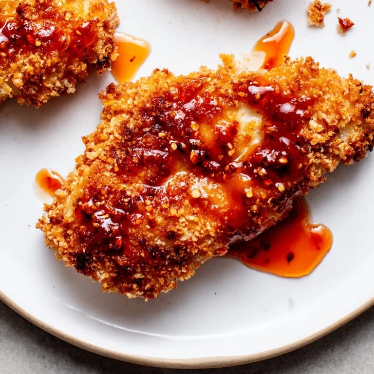 Up-close shot of juicy, golden-brown Hot Honey Crispy Chicken Thighs, ready to be enjoyed.
