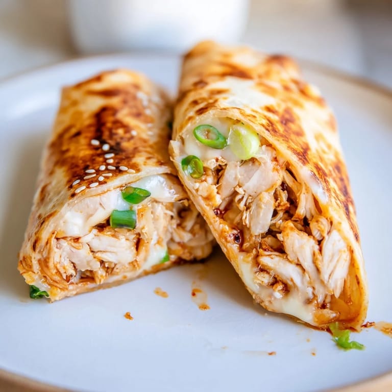 Crispy tortilla showcasing the delicious Korean BBQ Chicken Wrap Grilled Cheese, topped with fresh scallions and sesame seeds.
