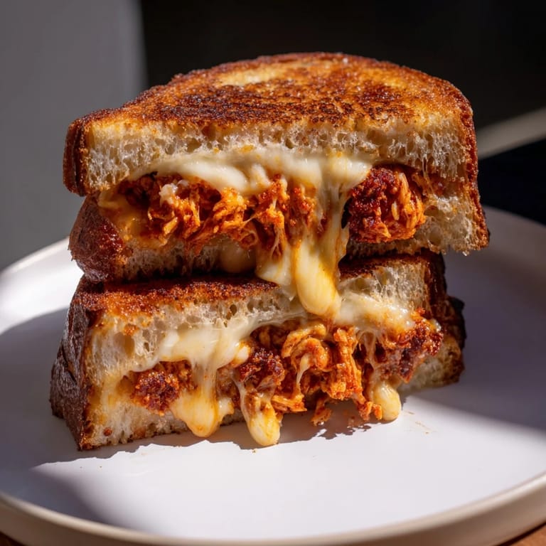 Mouthwatering close-up of a Spicy Crispy Chicken Sandwich Grilled Cheese, ready to eat, with a crispy crust.