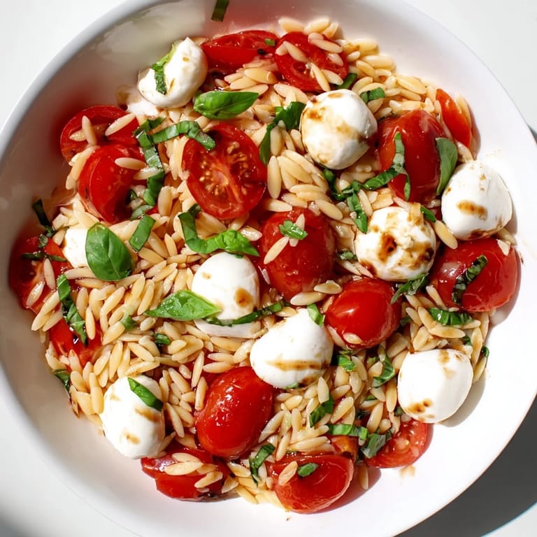 Cool, refreshing Caprese Orzo Salad with bright cherry tomatoes and basil, perfect as a light lunch.