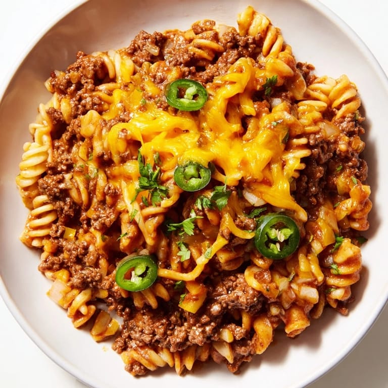 A skillet filled with the rich, savory Beef Taco Pasta, garnished with fresh cilantro and avocado.