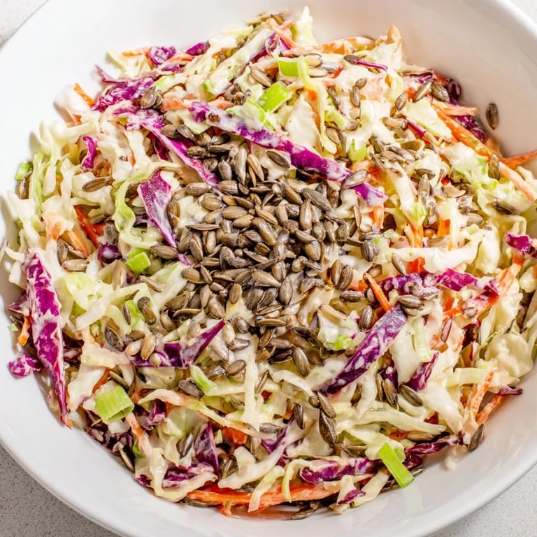 A close-up of a vibrant crunchy coleslaw salad, topped with sunflower seeds, ready for your next meal.