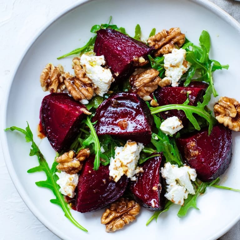 Freshly made Roasted Beet Walnut Salad, featuring roasted beets, goat cheese, and a flavorful dressing.