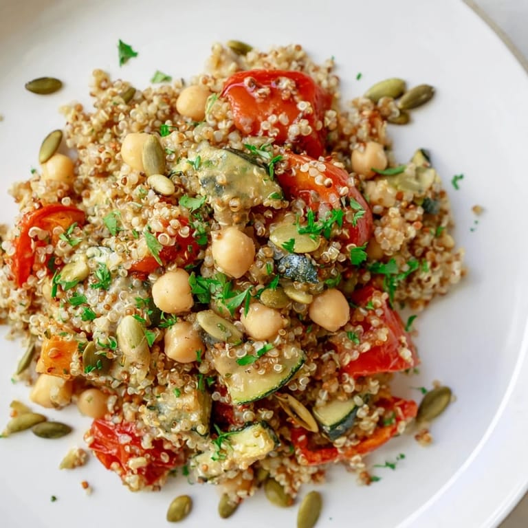 Fresh quinoa power protein salad, garnished with herbs and seeds, making a healthy meal.