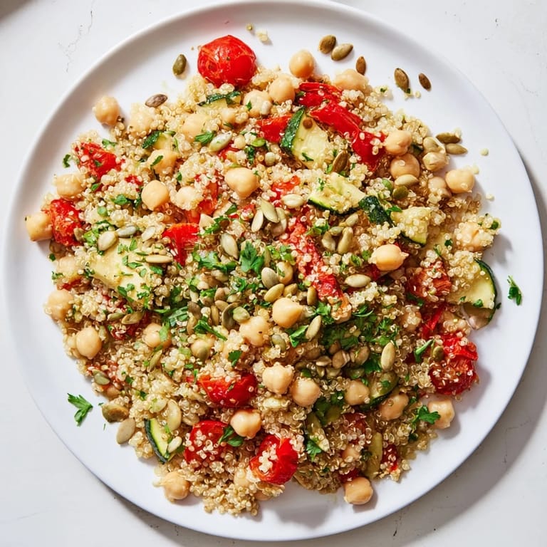 A colorful bowl of quinoa power protein salad with roasted veggies, perfect for lunch.