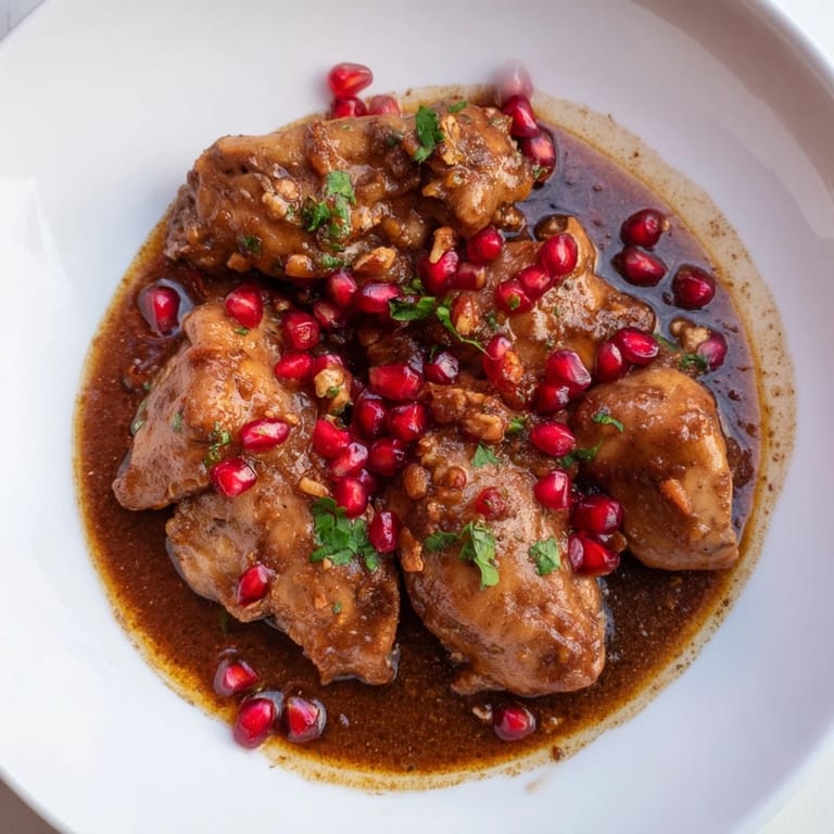 Garnish ready Iranian Fesenjan showcases a hearty stew with walnuts and pomegranate, perfect for dinner.