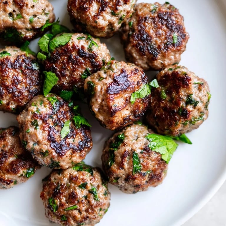 Close-up of succulent Turkish Köfte Meatballs, ready to be served with fresh parsley and a drizzle.