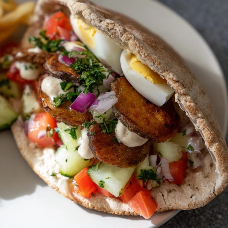 Warm pita bread overflowing with vibrant ingredients creates a tempting Israeli Sabich sandwich for lunch.