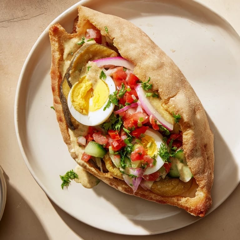 This photo features a colorful, layered Israeli Sabich, showcasing a vegetarian street food delight.