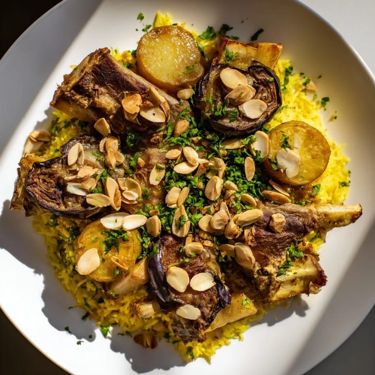 This delicious Palestinian Maqluba features tender lamb, fluffy rice, and roasted vegetables, ready to serve.
