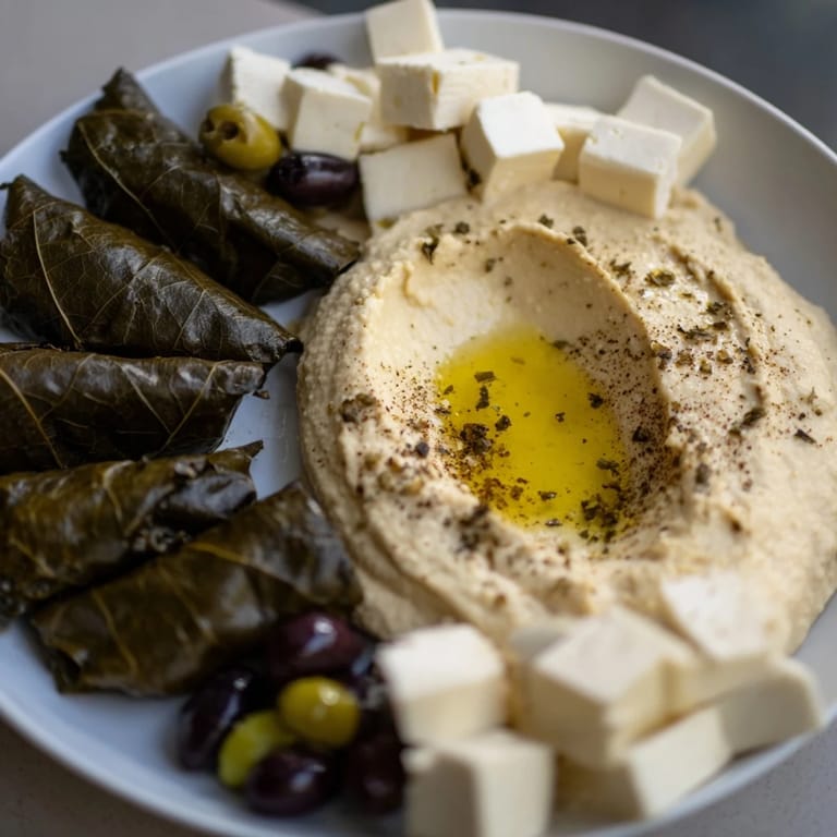 This delicious Turkish Meze Platter showcases creamy hummus and savory dolmas artfully arranged for sharing.