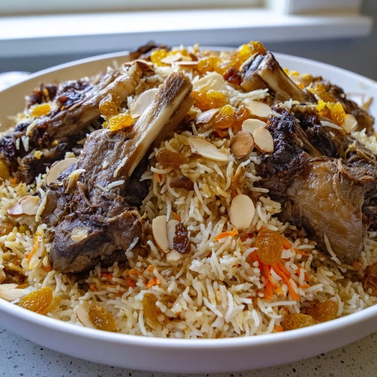 Golden raisins and aromatic spices enhance this beautiful plate of flavorful Saudi Kabsa Rice.