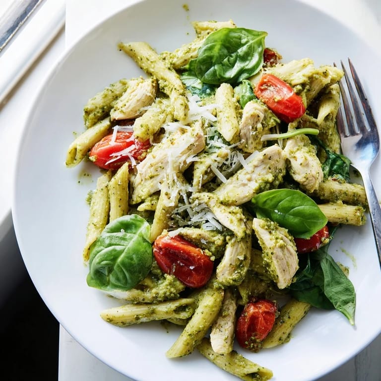 Weeknight dinner Pesto Chicken Pasta glimmers with olive oil, fresh basil, and melted Parmesan on a cozy plate.