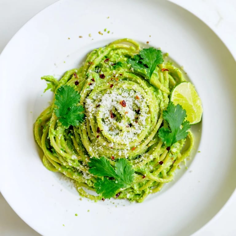 Bright green smashed avocado pasta in a white bowl, topped with grated Parmesan, chili flakes, and lime zest, ready to serve for a quick weeknight meal.