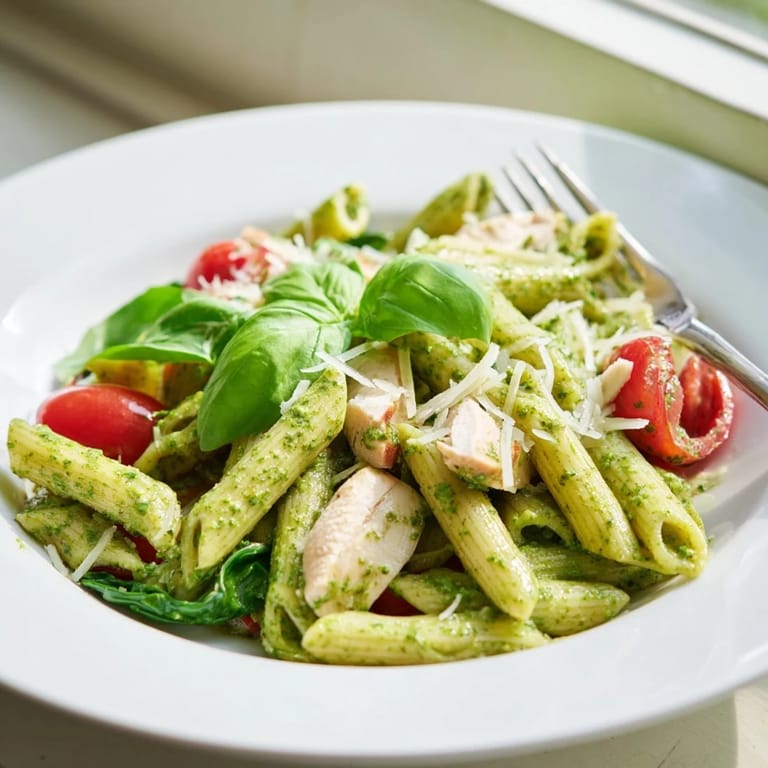 Fork-tender Pesto Chicken Pasta features juicy chicken, al dente penne, and a creamy pesto sauce with bright Parmesan.