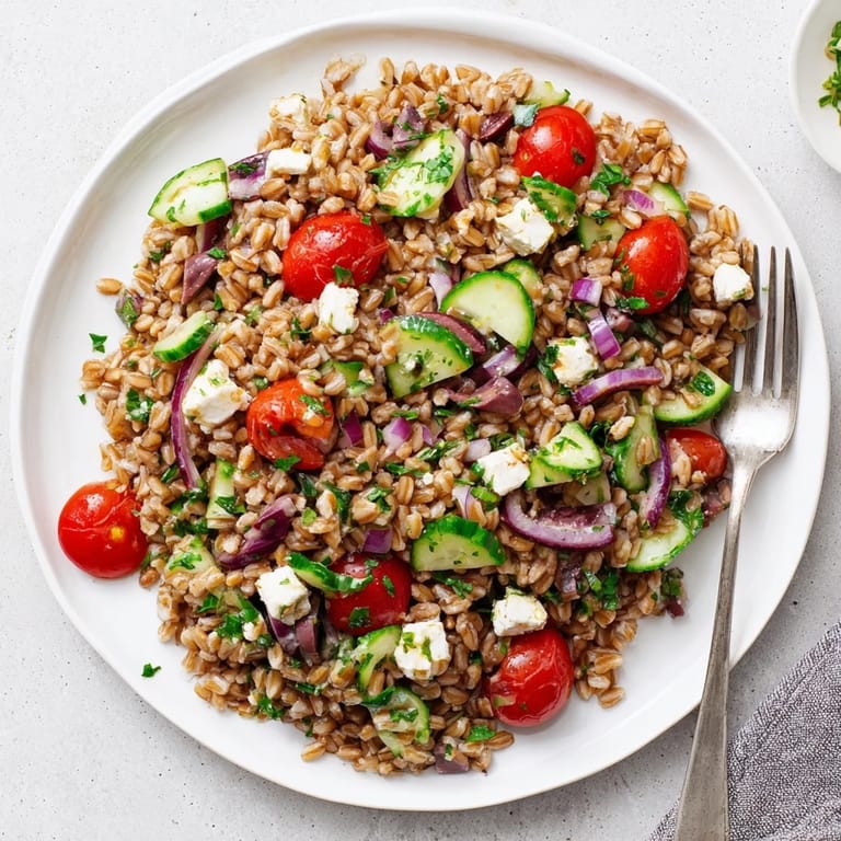 Vibrant bowl of farro Mediterranean salad, featuring briny Kalamata olives and fresh herbs, ready for a light lunch.  