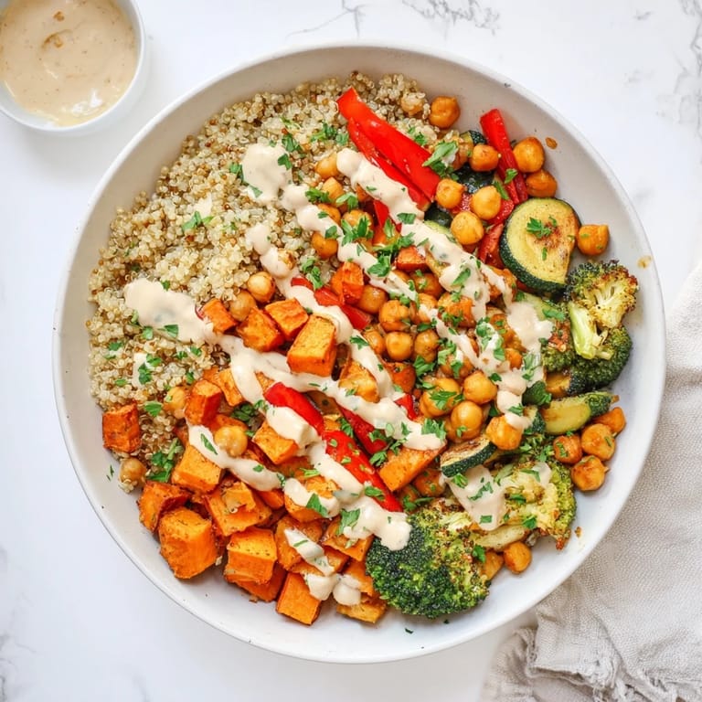 Healthy vegan Quinoa Buddha Bowl garnished with fresh parsley, pumpkin seeds, and creamy tahini dressing on a rustic wooden table.