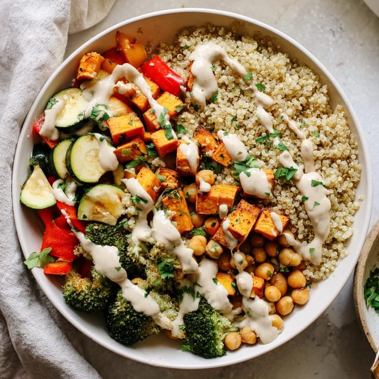 Steaming fluffy quinoa topped with roasted broccoli, zucchini, and spiced chickpeas in a vibrant Quinoa Buddha Bowl ready to serve.