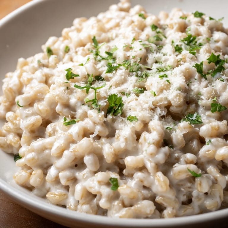 Comforting pearled barley creamy bowl garnished with thyme and Parmesan, served for lunch.