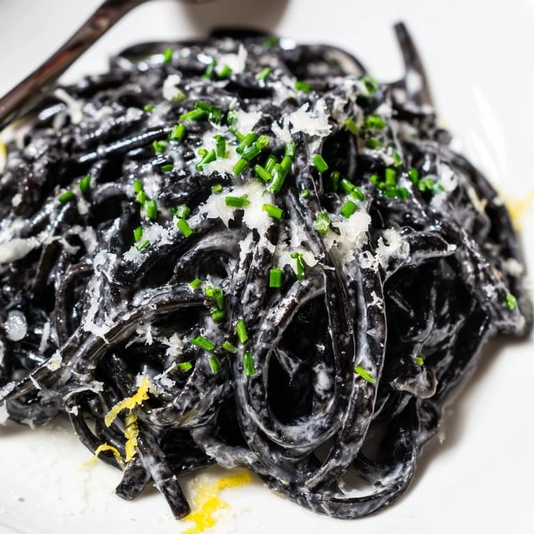 A close-up of squid ink pasta twirled in a creamy white sauce, topped with grated Parmesan and chives.