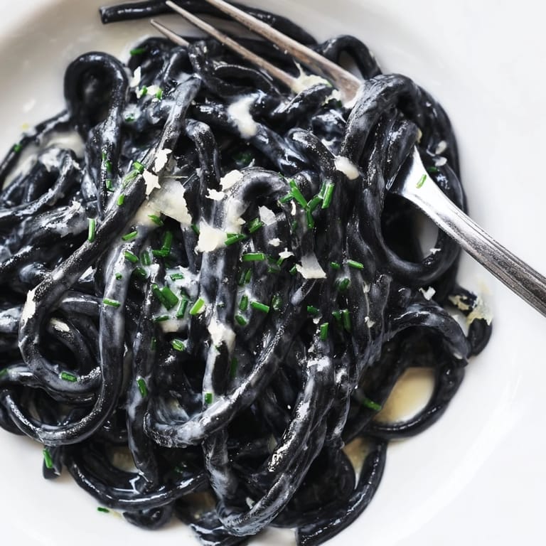 Luxurious squid ink pasta with a rich cream sauce, served with lemon wedges for a bright, tangy finish.